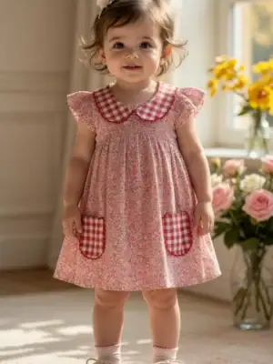 BreakOrDie girls pink floral cotton Peter Pan collar dress with gingham pockets