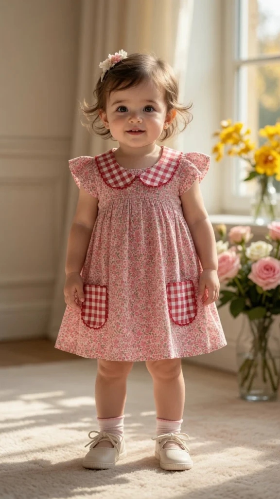 BreakOrDie girls pink floral cotton Peter Pan collar dress with gingham pockets