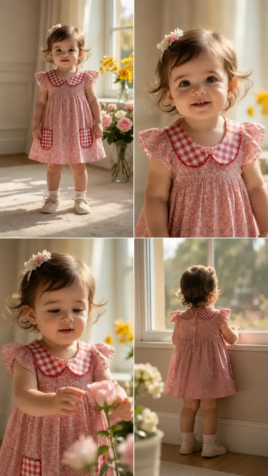BreakOrDie girls pink floral cotton Peter Pan collar dress with gingham pockets
