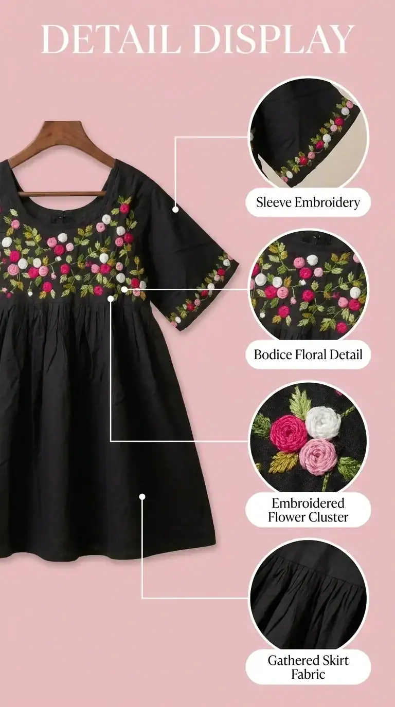 BreakOrDie girls black 100% cotton dress with handcrafted floral embroidery and wide sleeves