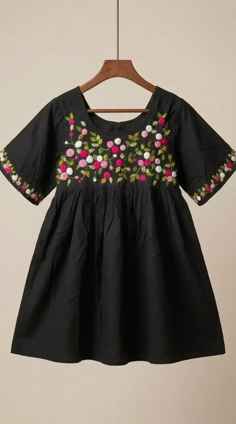 BreakOrDie girls black 100% cotton dress with handcrafted floral embroidery and wide sleeves