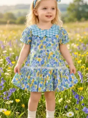 BreakOrDie girls floral print 100% cotton dress with Peter Pan collar and matching bow headband