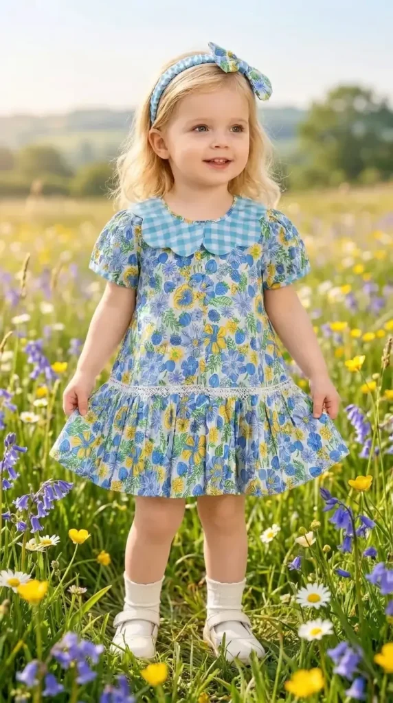 BreakOrDie girls floral print 100% cotton dress with Peter Pan collar and matching bow headband