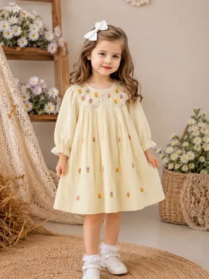 BreakOrDie cream floral embroidered 100% premium cotton girls boutique dress with embroidered Peter Pan collar
