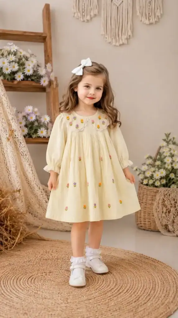 BreakOrDie cream floral embroidered 100% premium cotton girls boutique dress with embroidered Peter Pan collar