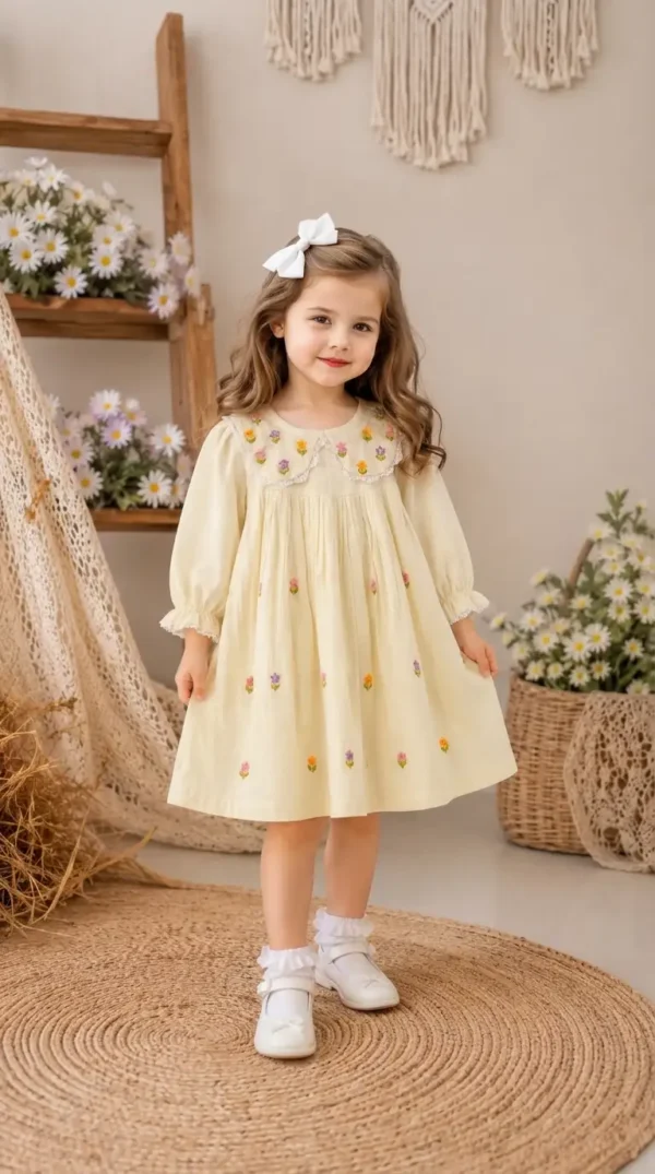 BreakOrDie cream floral embroidered 100% premium cotton girls boutique dress with embroidered Peter Pan collar