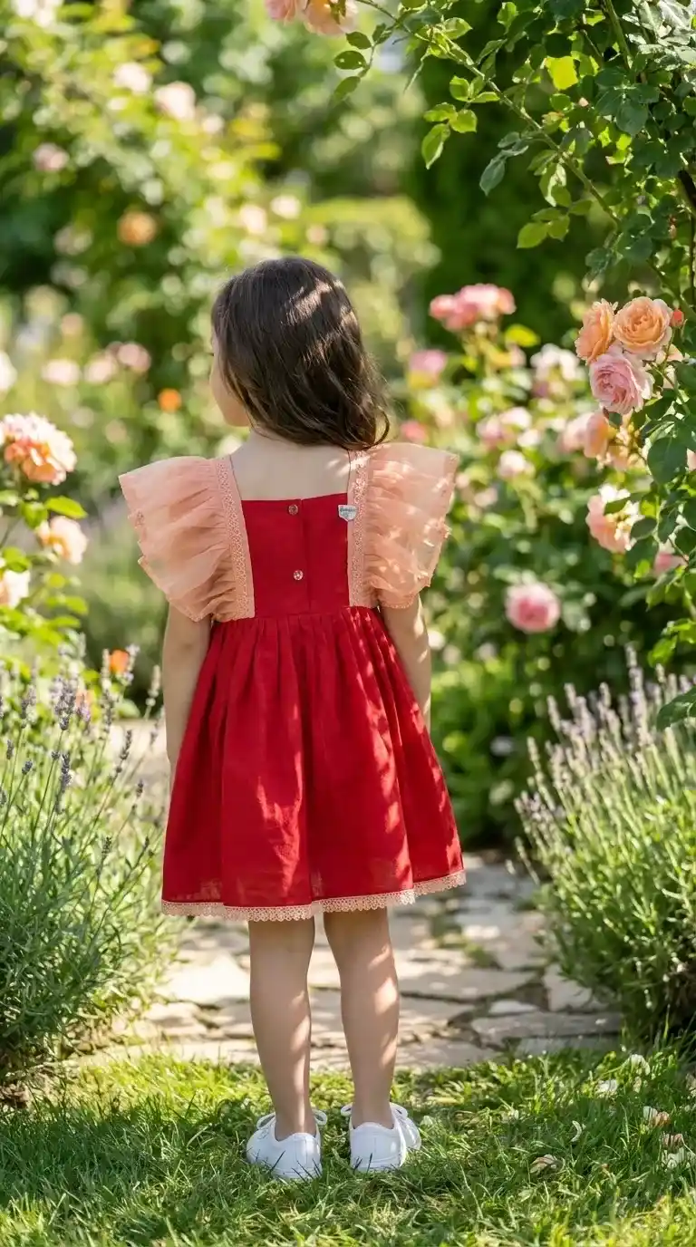 BreakOrDie girls berry red 100% cotton embroidered dress with floral bodice and ruffle shoulder straps