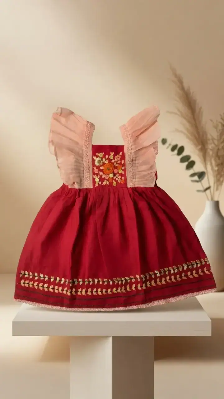 BreakOrDie girls berry red 100% cotton embroidered dress with floral bodice and ruffle shoulder straps