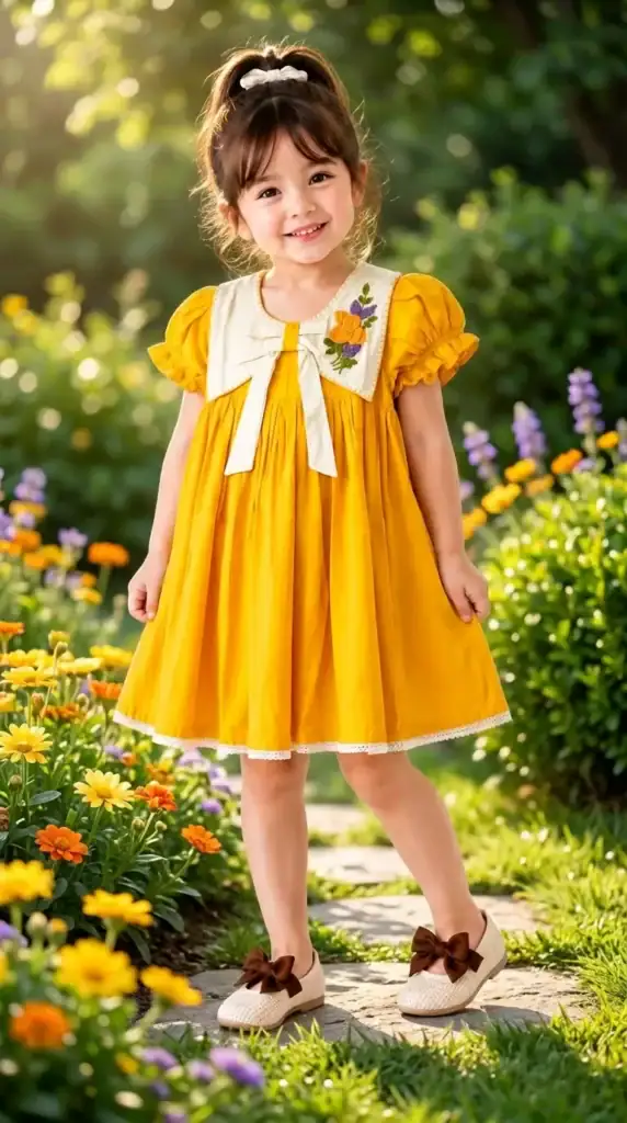 Break Or Die Mustard Yellow Embroidered Girls Cotton Dress (1) (1)