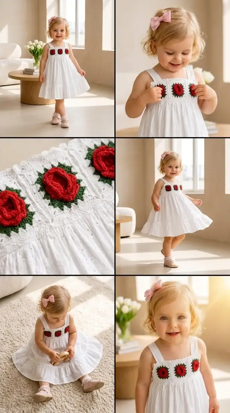 Luxury white cotton girls dress with handcrafted crochet red roses and eyelet fabric by BreakOrDie