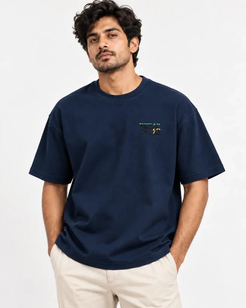 Hand-Embroidered Drop Shoulder T-Shirt – Deep Blue