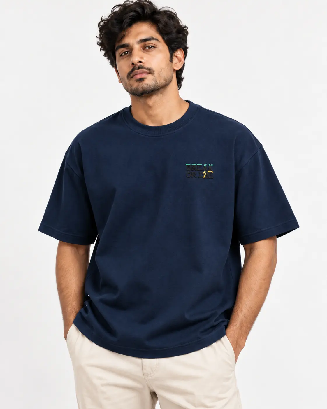 Hand-Embroidered Drop Shoulder T-Shirt – Deep Blue