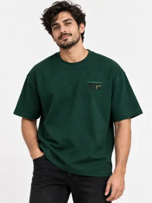 Hand-Embroidered Drop Shoulder T-Shirt – Dark Green