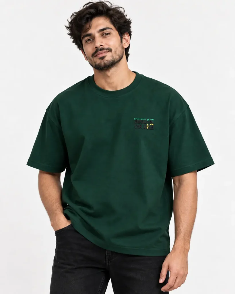 Hand-Embroidered Drop Shoulder T-Shirt – Dark Green